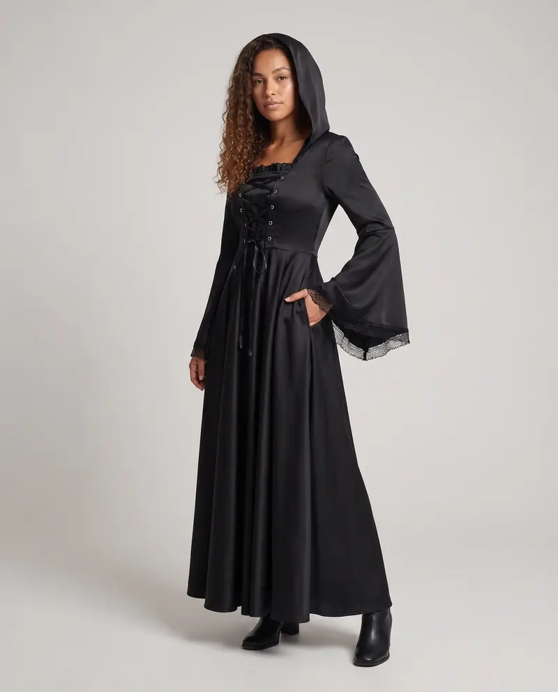 Damen Elegantes Kapuzenkleid mit weiterem Ärmel und Schnürung Drune