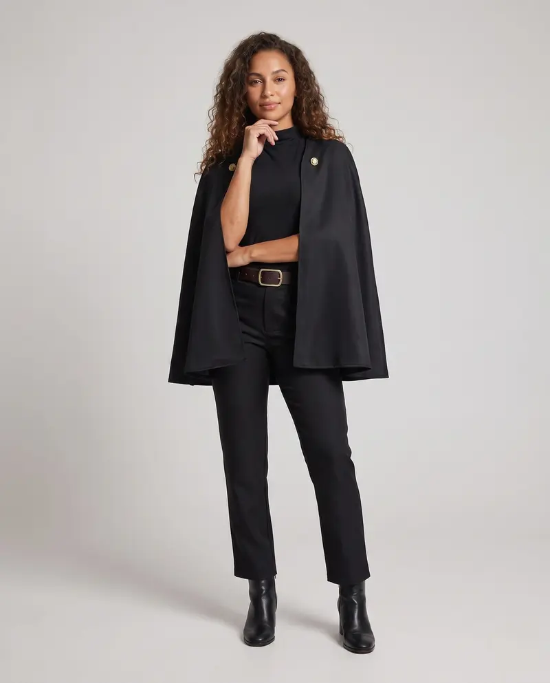 Damen elegantes Kostümset mit Umhang, Hose und Gürtel Drune