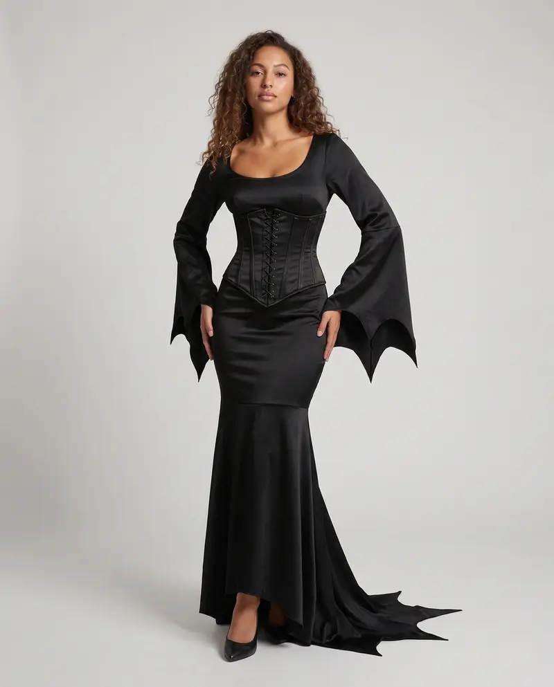 Damen Elegantes Langarm Maxikleid mit schwingendem Saum und weit ausgestellten Ärmeln Drune