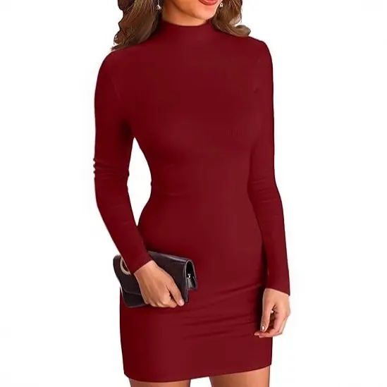 Damen Elegantes Langarmkleid mit hohem Kragen Drune
