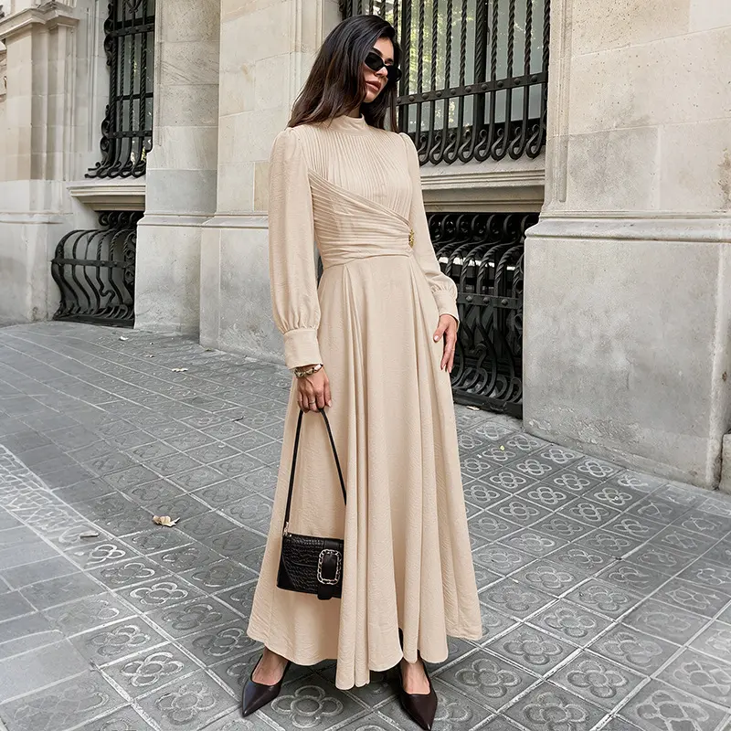 Damen Elegantes Maxikleid mit hochgeschlossenem Kragen und Rüschendetails Drune