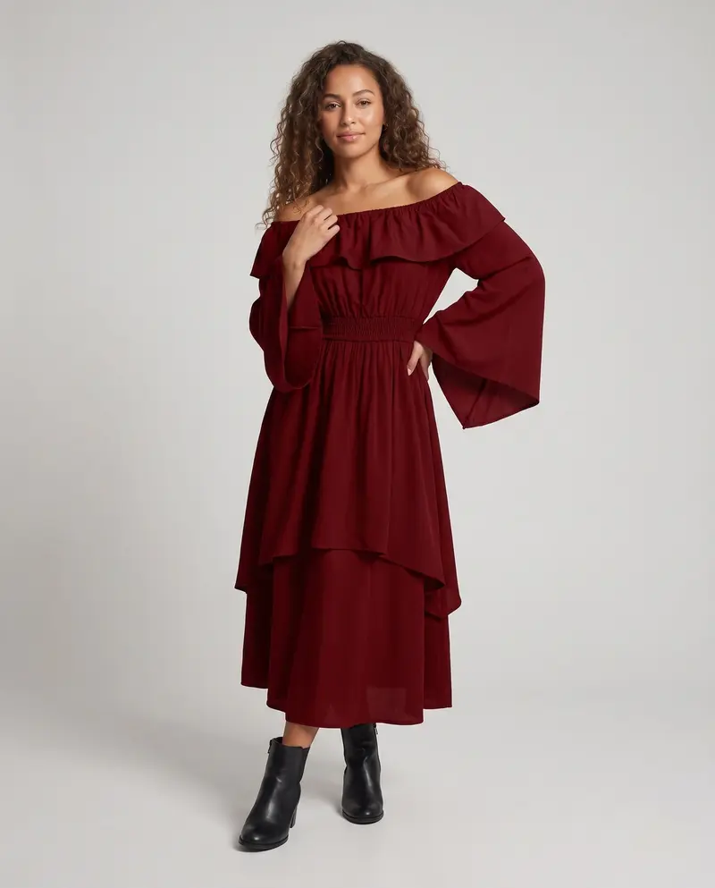 Damen Elegantes Maxikleid mit schickem Wasserfallausschnitt und weiten Ärmeln Drune