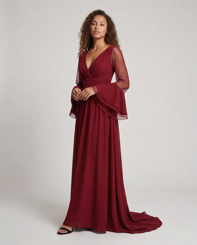 Damen Elegantes Maxikleid mit transparenten Ärmel und V-Ausschnitt Drune