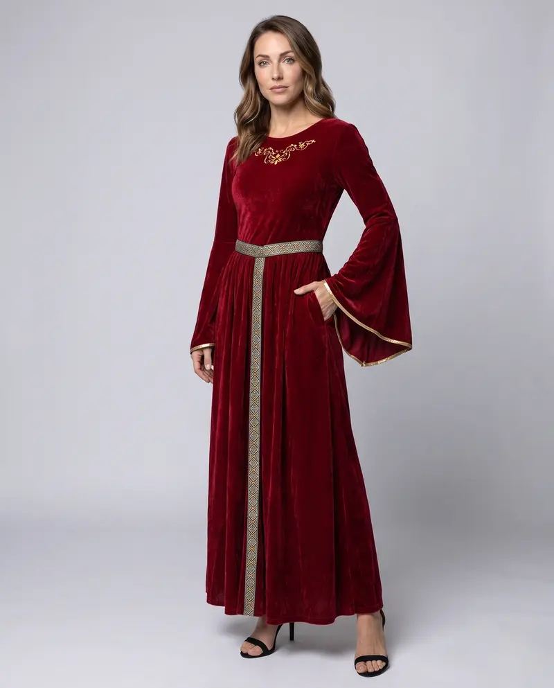 Damen elegantes Maxikleid mit weiten Ärmeln und dekorativem Gürtel Drune