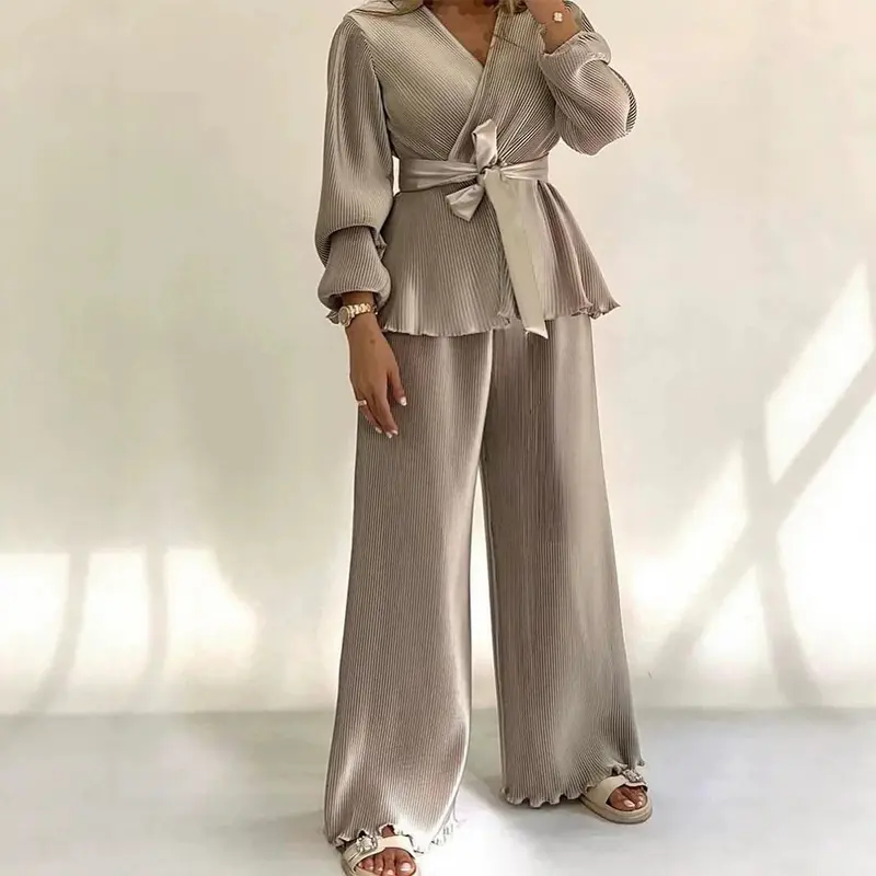 Damen Elegantes Plissee-Hosenanzug mit Bindegürtel Drune