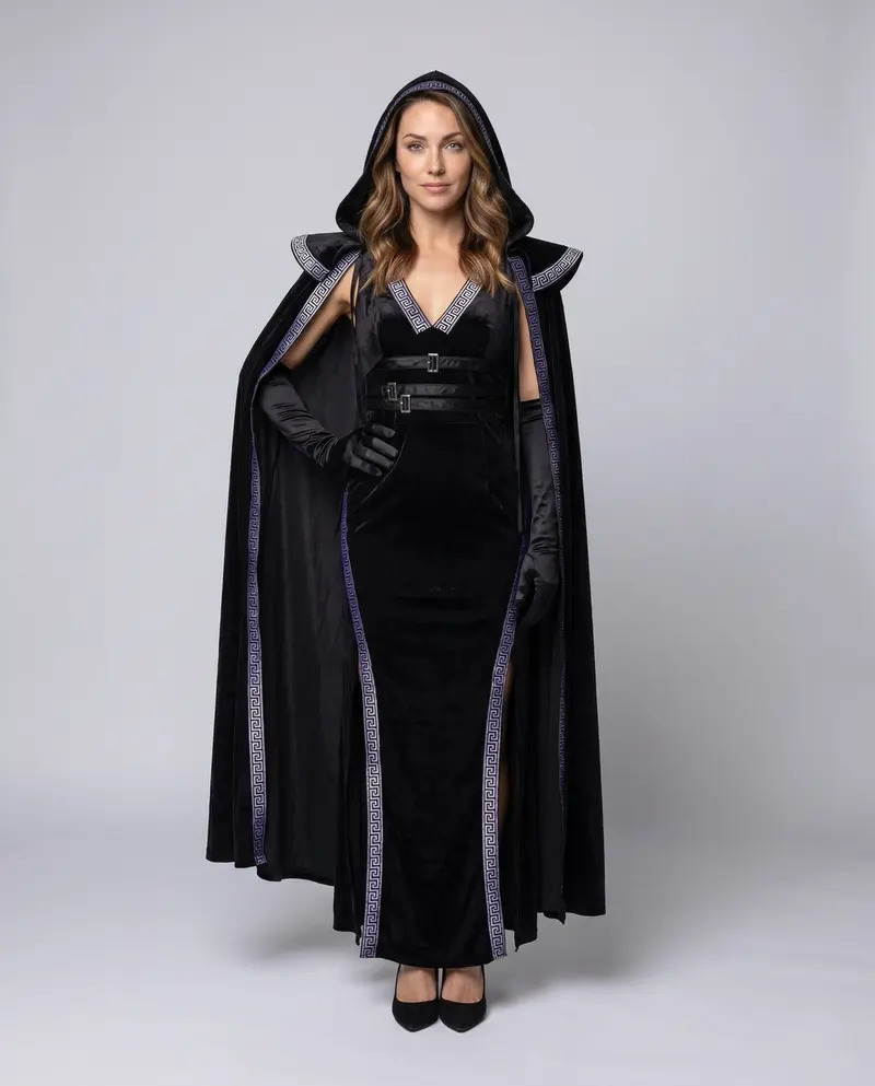 Damen Elegantes Samtkleid mit Kapuze und Rüschendetails Drune