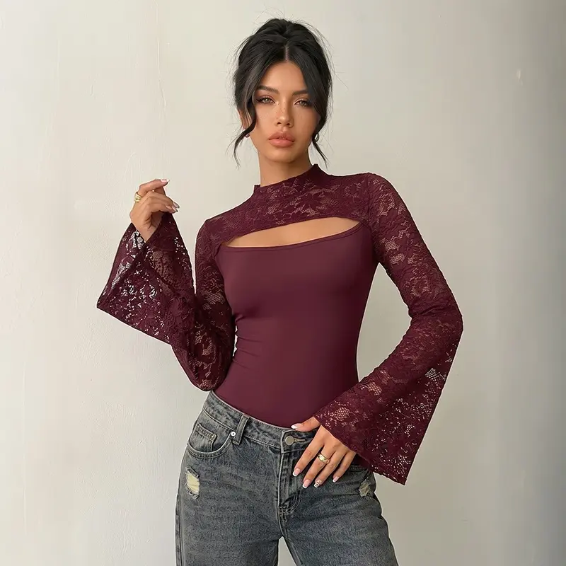 Damen Elegantes Spitzenoberteil mit Y-Ausschnitt und Volantärmeln Drune