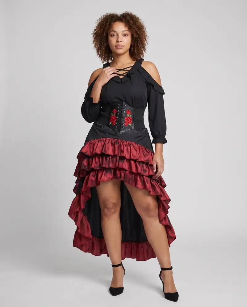 Damen Elegantes Steampunk Kleid mit Rüschendetails und Korsett Drune