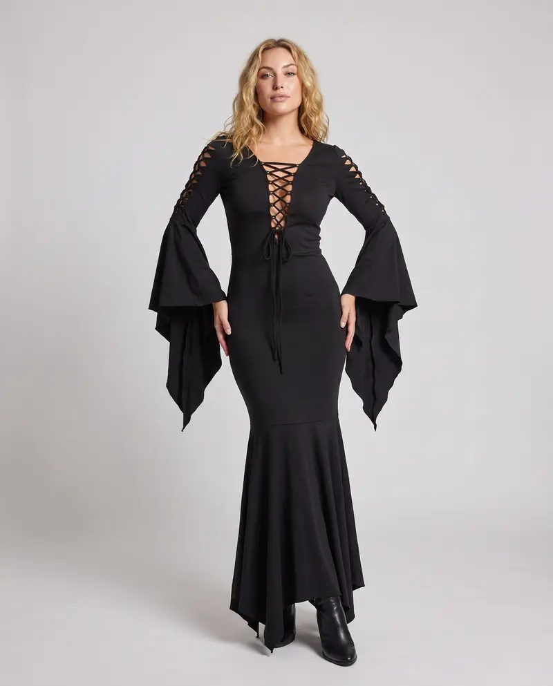 Damen Elegantes Vampir-Kleid mit weitem Rock und dramatischen Ärmeln Drune