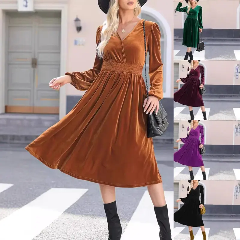 Damen Elegantes Velours Maxikleid mit langen Ärmeln Drune