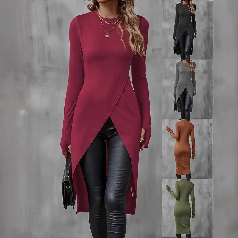 Damen Elegantes Wickelkleid mit langen Ärmeln Drune
