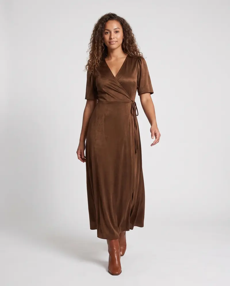 Damen Elegantes Wickelkleid mit Puffärmeln und fließendem Saum Drune