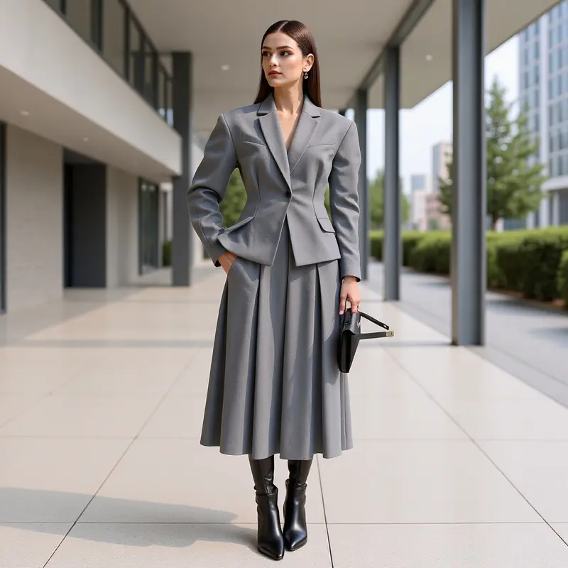 Damen Elegantes Wollmix-Kostüm mit tailliertem Kurzblazer und ausgestelltem Midirock Drune