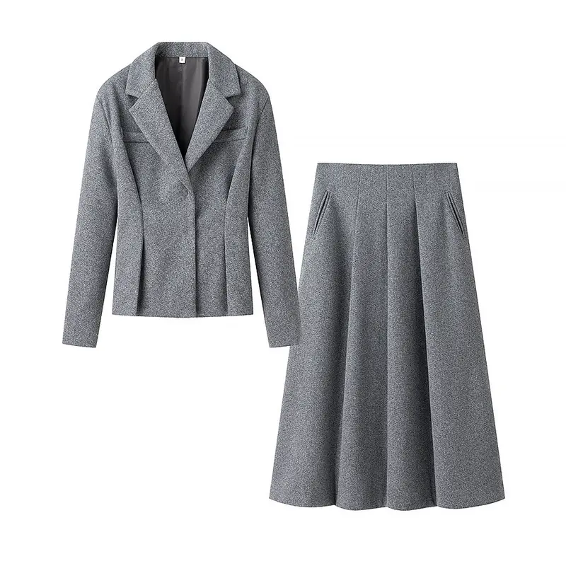 Damen Elegantes zweiteiliges Wollmix-Blazer- und Midirock-Set mit ausgestelltem Midirock Drune
