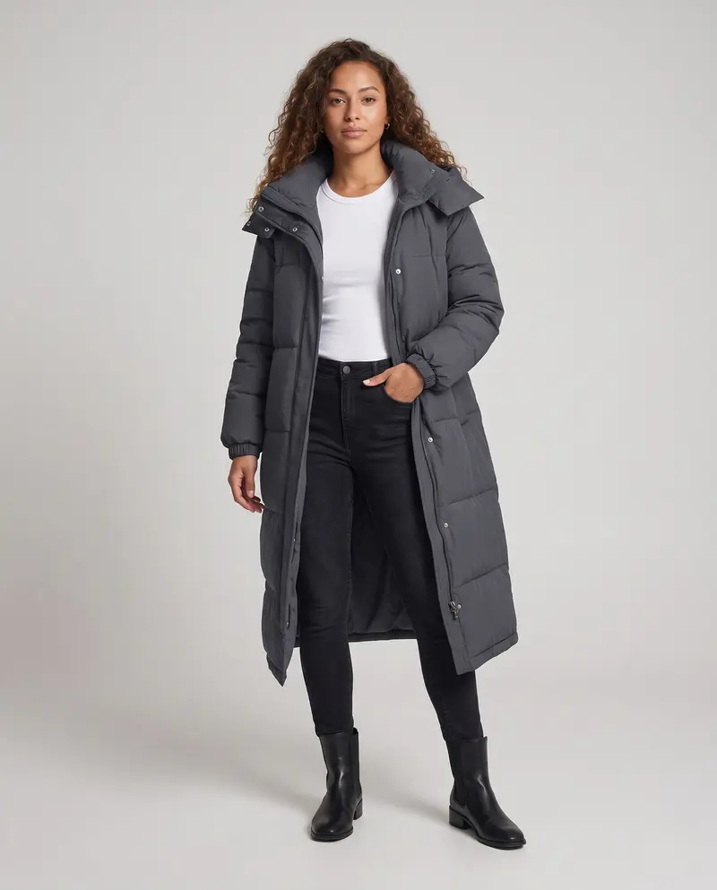 Damen extra langer gesteppter Thermo-Mantel mit Kapuze, zweiläufigem Reißverschluss und geräuschreduzierendem Außenmaterial