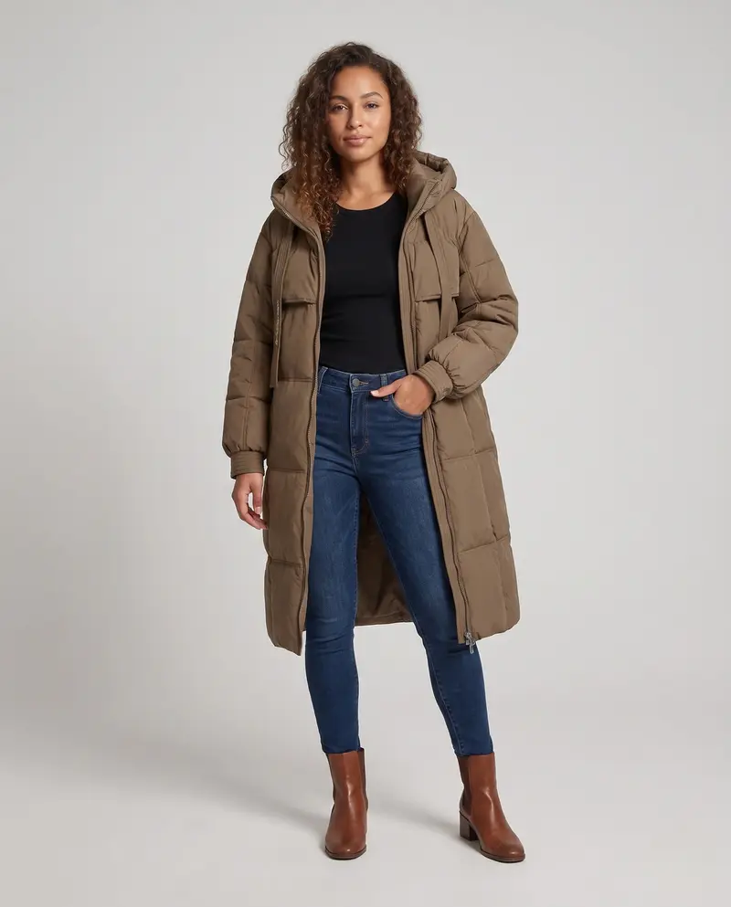 Damen extra langer wattierter Thermo-Mantel mit verdecktem Zwei-Wege-Reißverschluss, ergonomischer Kapuze und seitlichen Bewegungsreißverschlüssen