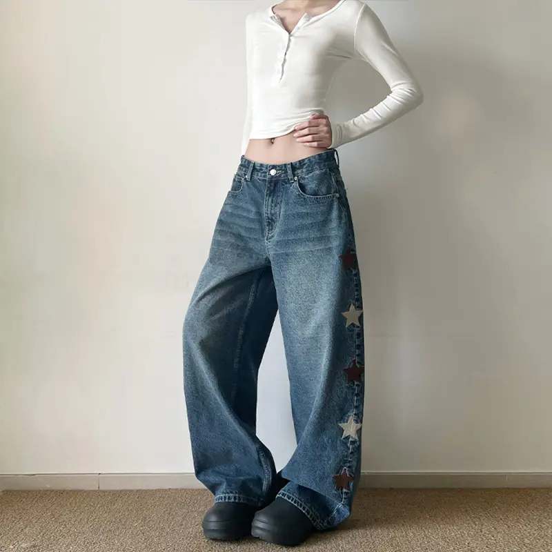 Damen Extraweite Baggy-Jeans mit Stern‑Applikationen und bodenlanger Silhouette Drune