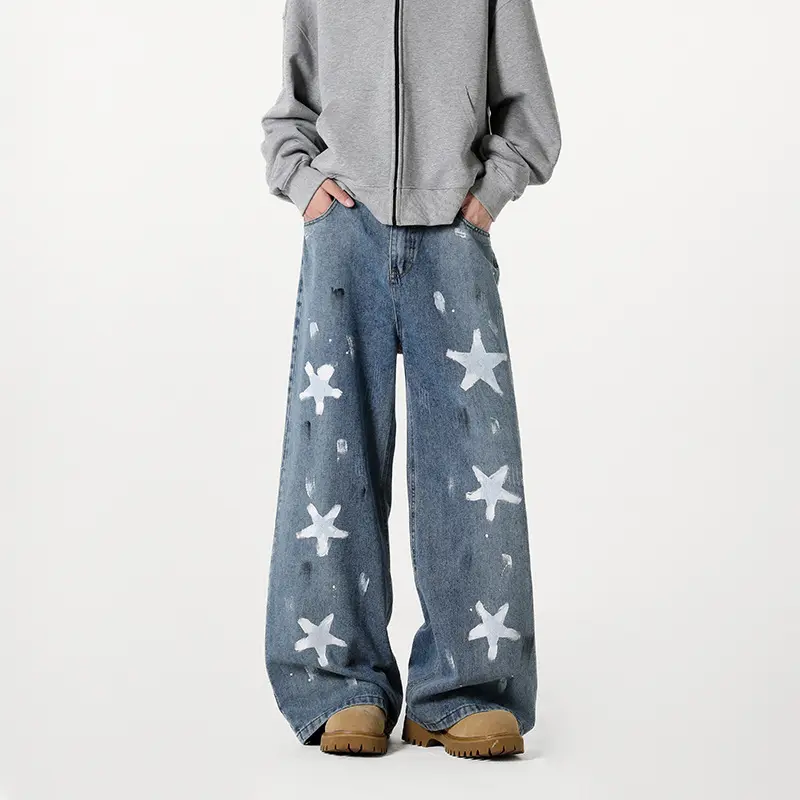 Damen Extraweite Baggy-Jeans mit Sternprint, Distressed-Details und weitem Bein Drune