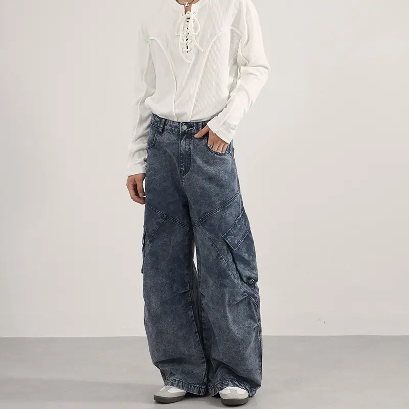 Damen Extraweite Cargo-Denim-Palazzohose mit diagonalem Nahtdesign und großen Klappentaschen Drune