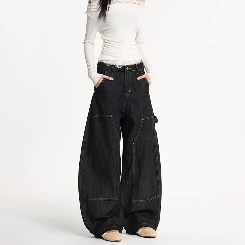 Damen Extraweite Denim-Palazzohose im Cargostil mit tiefem Schritt, Kontrastnähten und Utility‑Details Drune