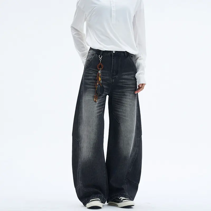 Damen Extraweite Denim-Palazzohose mit Paneelnähten und bodenlangem Saum Drune
