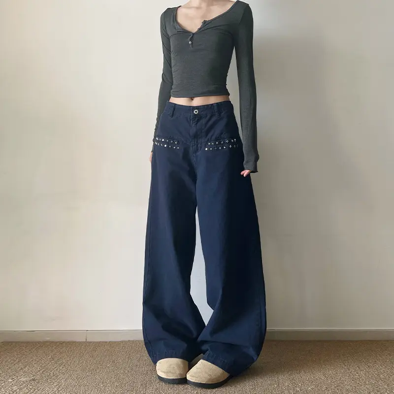 Damen Extraweite High‑Waist Baumwoll-Twill-Hose mit Nietenbesatz und Palazzoschnitt Drune