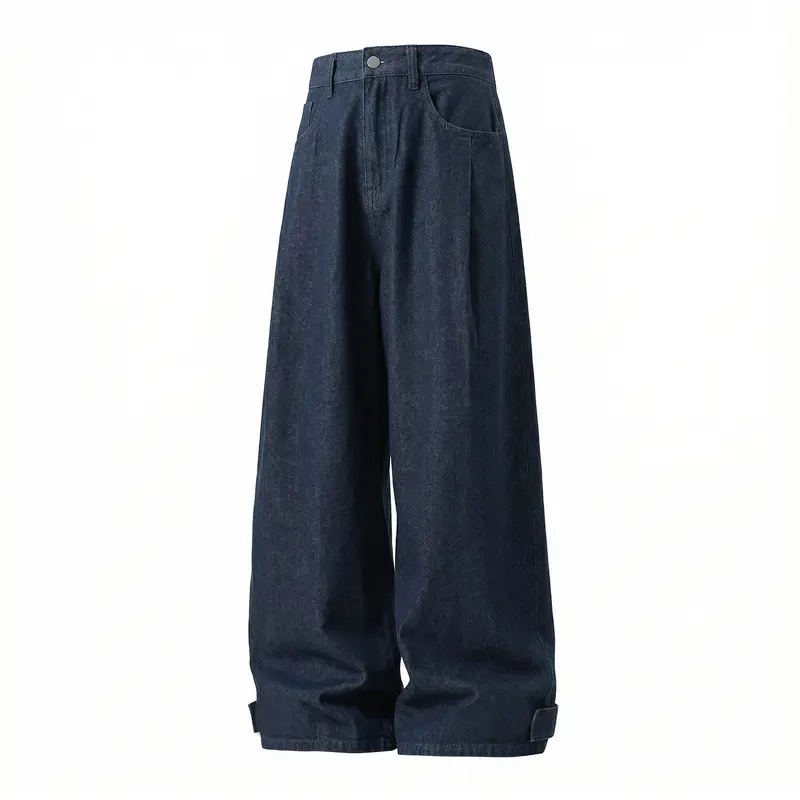 Damen Extraweite High‑Waist Denim‑Palazzohose mit Krempel‑ und Gurtdetail Drune
