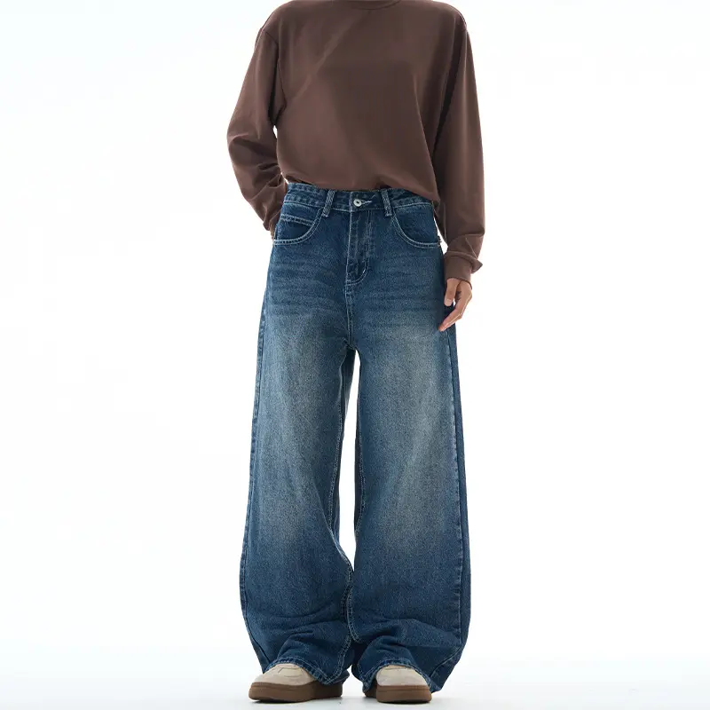 Damen Extraweite Highwaist-Palazzo-Jeans aus Vintage-Denim mit gerundetem Saum Drune