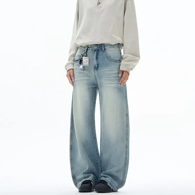Damen extraweite hochgeschnittene Baggy-Jeans mit tiefem Schritt und Vintage‑Waschung Drune