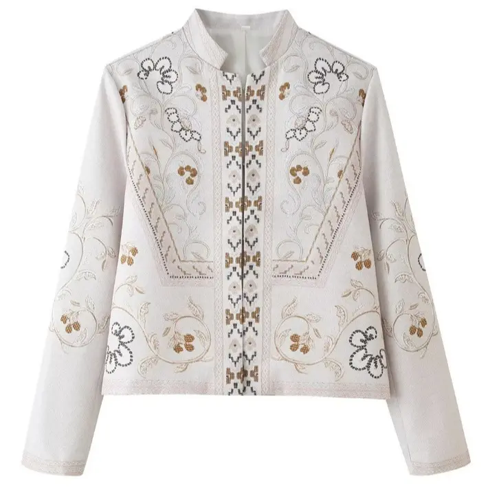 Damen Feine bestickte Kurzjacke mit Stehkragen und floraler Ornament‑Stickerei Drune
