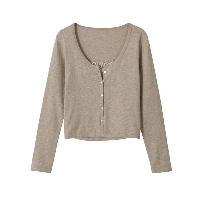 Damen Feiner Cropped-Cardigan mit Spitzen-Einsatz und Knopfleiste Drune