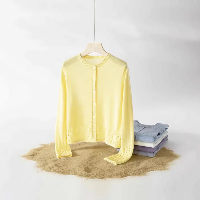 Damen Feiner Feinstrick-Cardigan mit Ajourmuster am Saum und Rundhalsausschnitt Drune