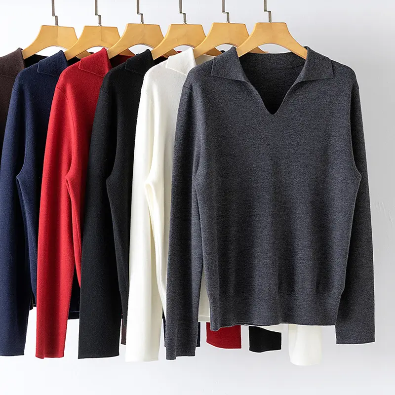 Damen feiner leichter V-Ausschnitt-Pullover mit offenem Hemdkragen und legerer Silhouette Drune