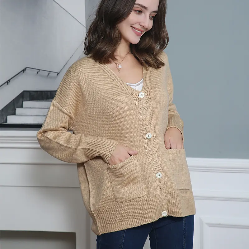 Damen Feiner Oversize-Strickcardigan mit V-Ausschnitt, Knopfleiste und aufgesetzten Eingrifftaschen Drune