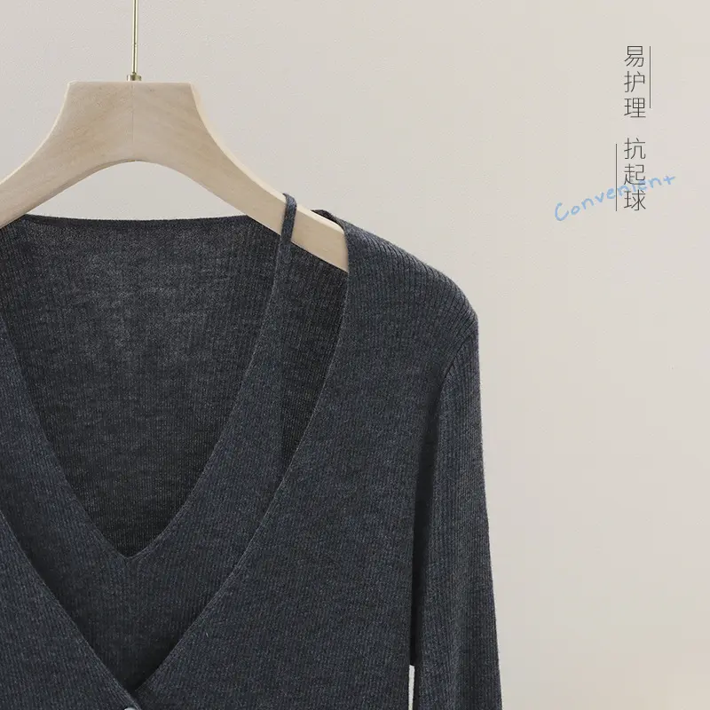 Damen feiner Rippstrick-Cardigan mit integriertem Spaghettitop und tiefem V-Ausschnitt Drune