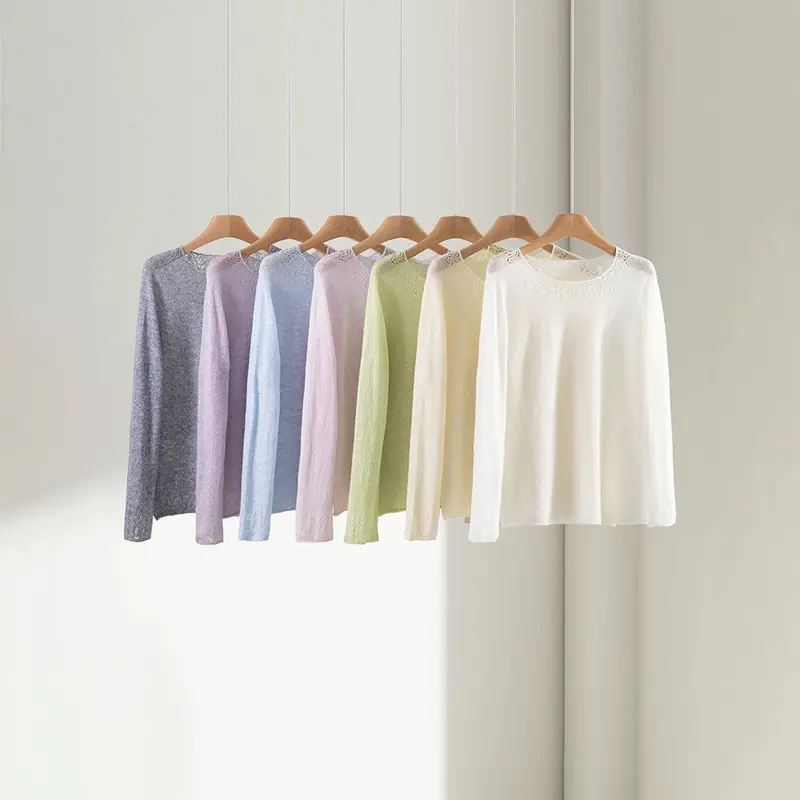 Damen Feiner Rundhals-Pullover mit Spitzenstrick-Detail Drune