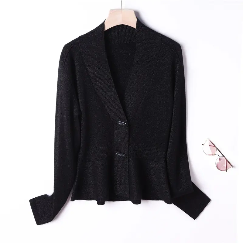 Damen Feiner Strickcardigan mit Schalkragen, taillenbetontem Peplum und Zierknopfleiste Drune