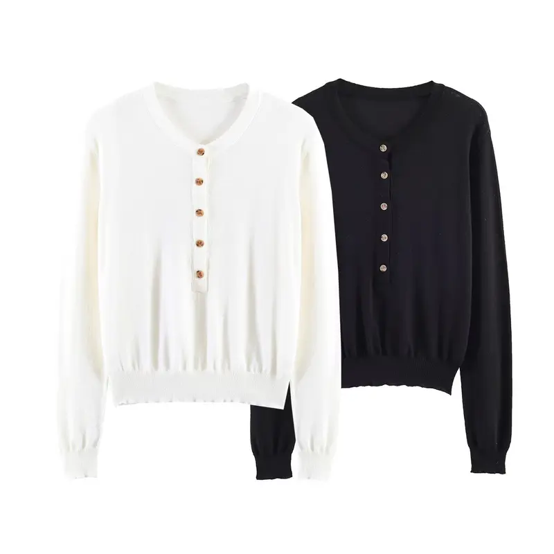 Damen Feiner Strickpullover mit Henley-Knopfleiste, V-Ausschnitt und gerafftem Bund Drune