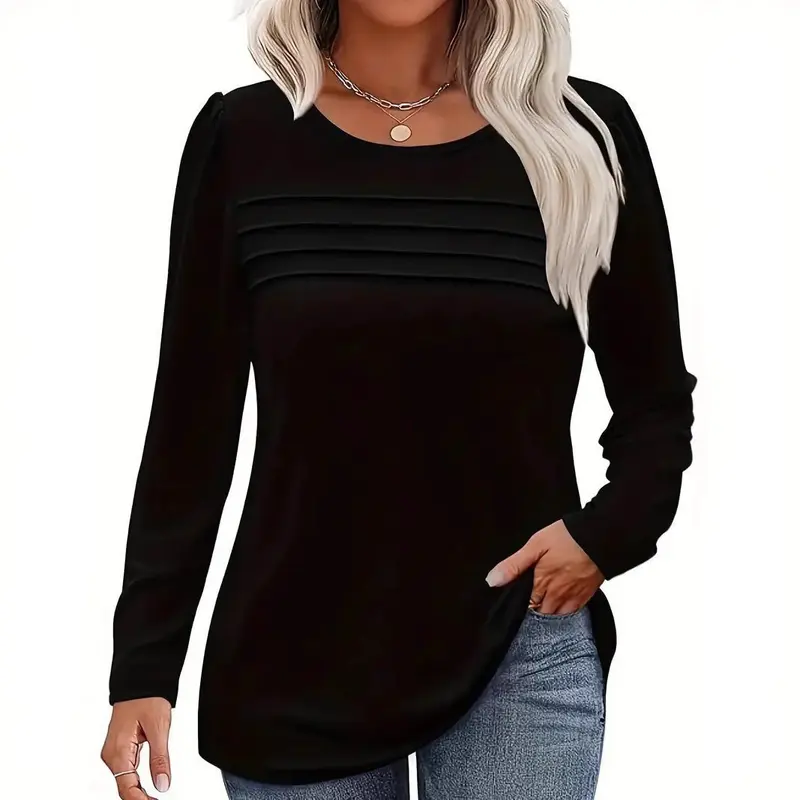 Damen Feines Langarmshirt mit Rundhalsausschnitt, dekorativen Kellerfalten und leicht taillierter A‑Linie Drune
