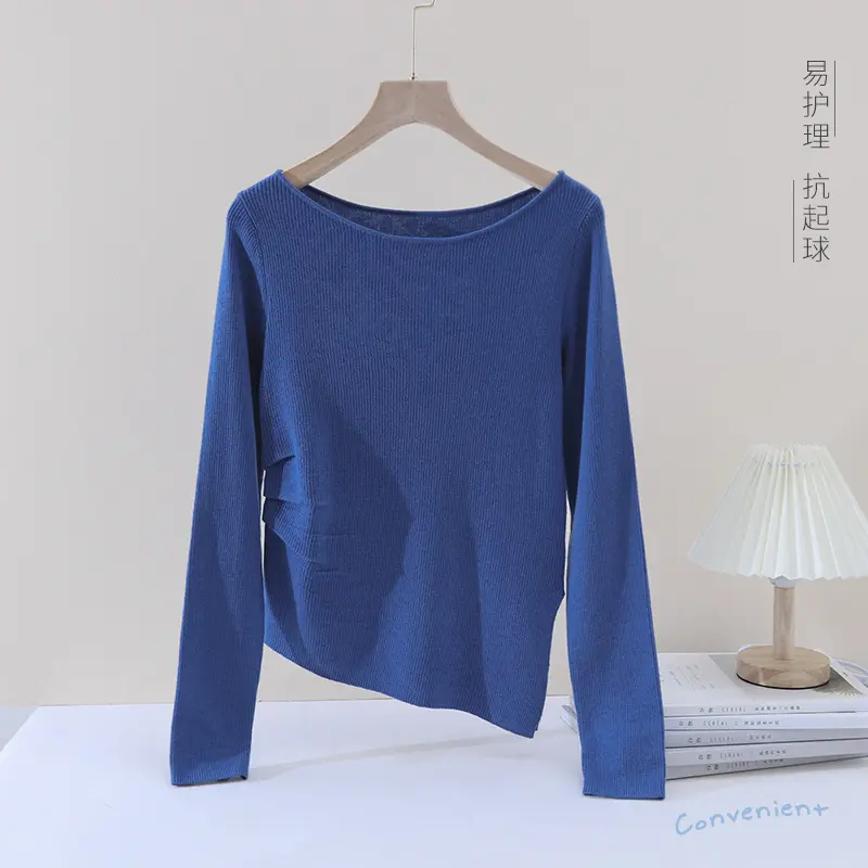 Damen Feines Rippenstrick-Longsleeve mit weitem U-Boot-Ausschnitt & seitlicher Raffung Drune