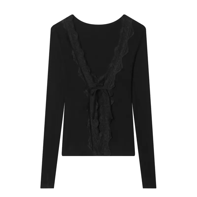 Damen Feines Rippstruktur-Longsleeve mit tiefem V‑Ausschnitt, breiter Spitzenblende und Zierband Drune
