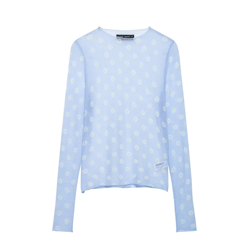Damen Feines transparentes Mesh-Longsleeve mit Allover-Gänseblümchenprint und Rundhalsausschnitt Drune