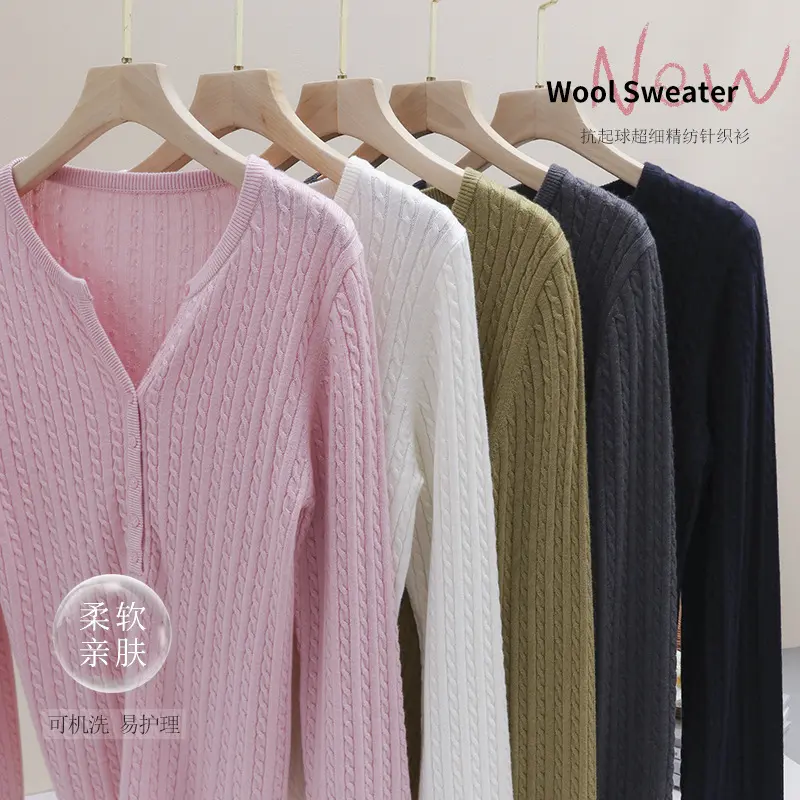 Damen Feines Zopfmuster-Henley-Feinstrickshirt mit Rundhals & Knopfleiste Drune