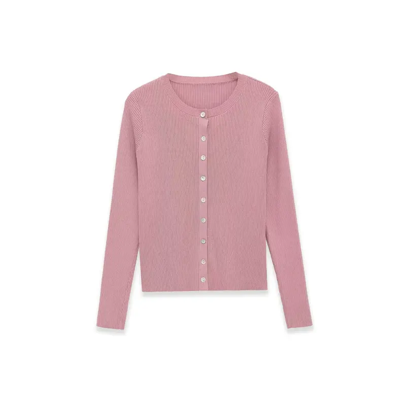Damen Feinripp-Feinstrick-Cardigan mit durchgehender Knopfleiste und Rundhalsausschnitt Drune