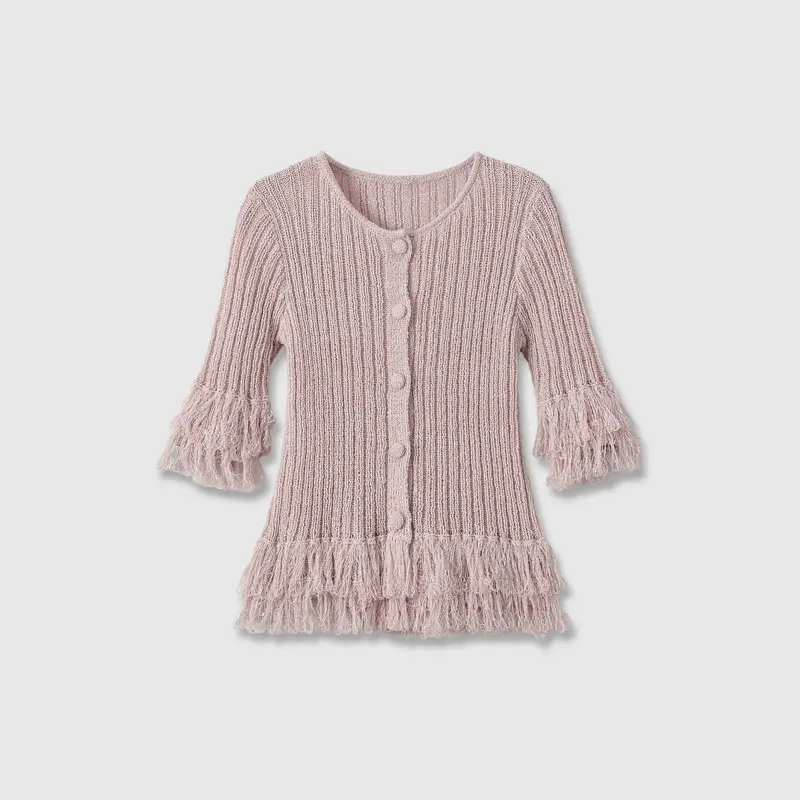 Damen Feinstrick-Cardigan mit Fransenstufen und dekorativen Kugelknöpfen Drune
