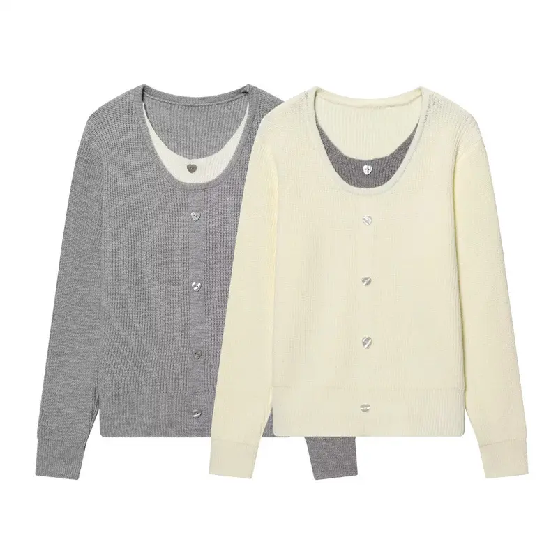 Damen Feinstrick-Cardigan mit integrierter Unterziehblende und Herzknopfleiste Drune