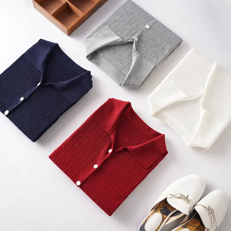 Damen Feinstrick-Cardigan mit Rippenstruktur, Knopfleiste und Polokragen Drune