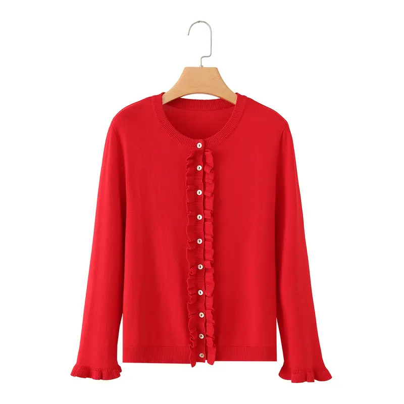 Damen Feinstrick-Cardigan mit Rüschenfront und Volantärmeln Drune