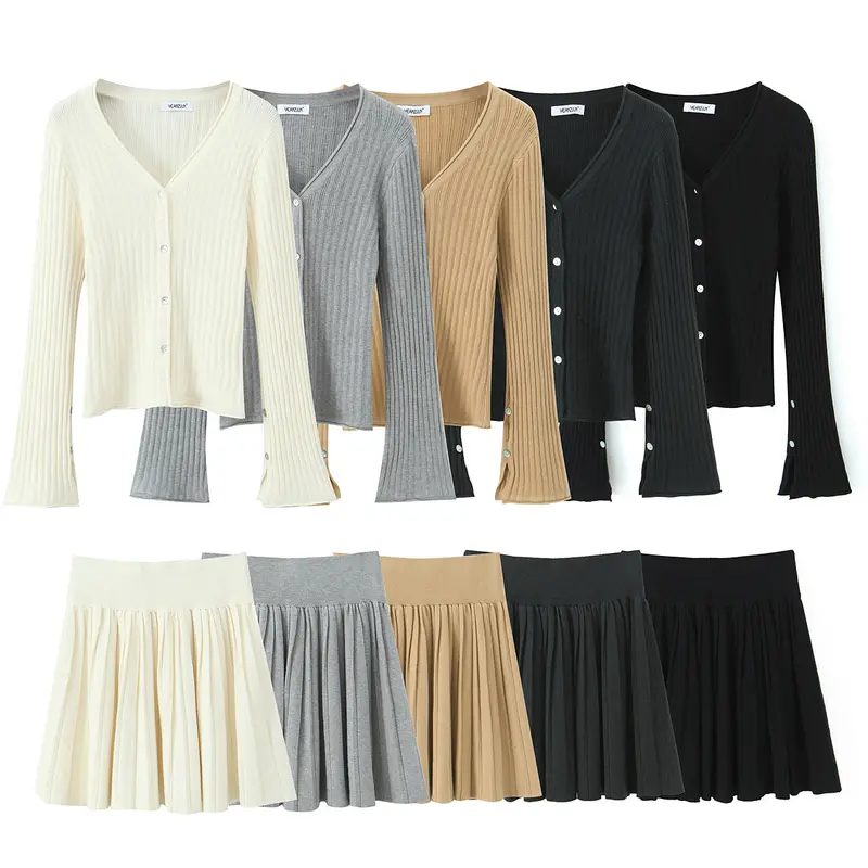 Damen Feinstrick-Cardigan mit V-Ausschnitt und plissiertem Minirock-Set Drune