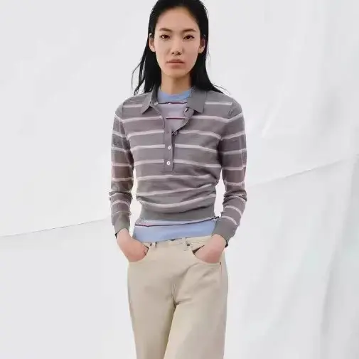 Damen Feinstrick-Polopullover mit Knopfleiste und feinen Querstreifen Drune